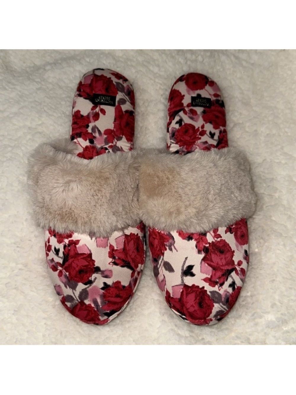 Victoria’s Secret 9-10 Rose Red Pink Black Satin Faux Fur Slippers in Packaging
